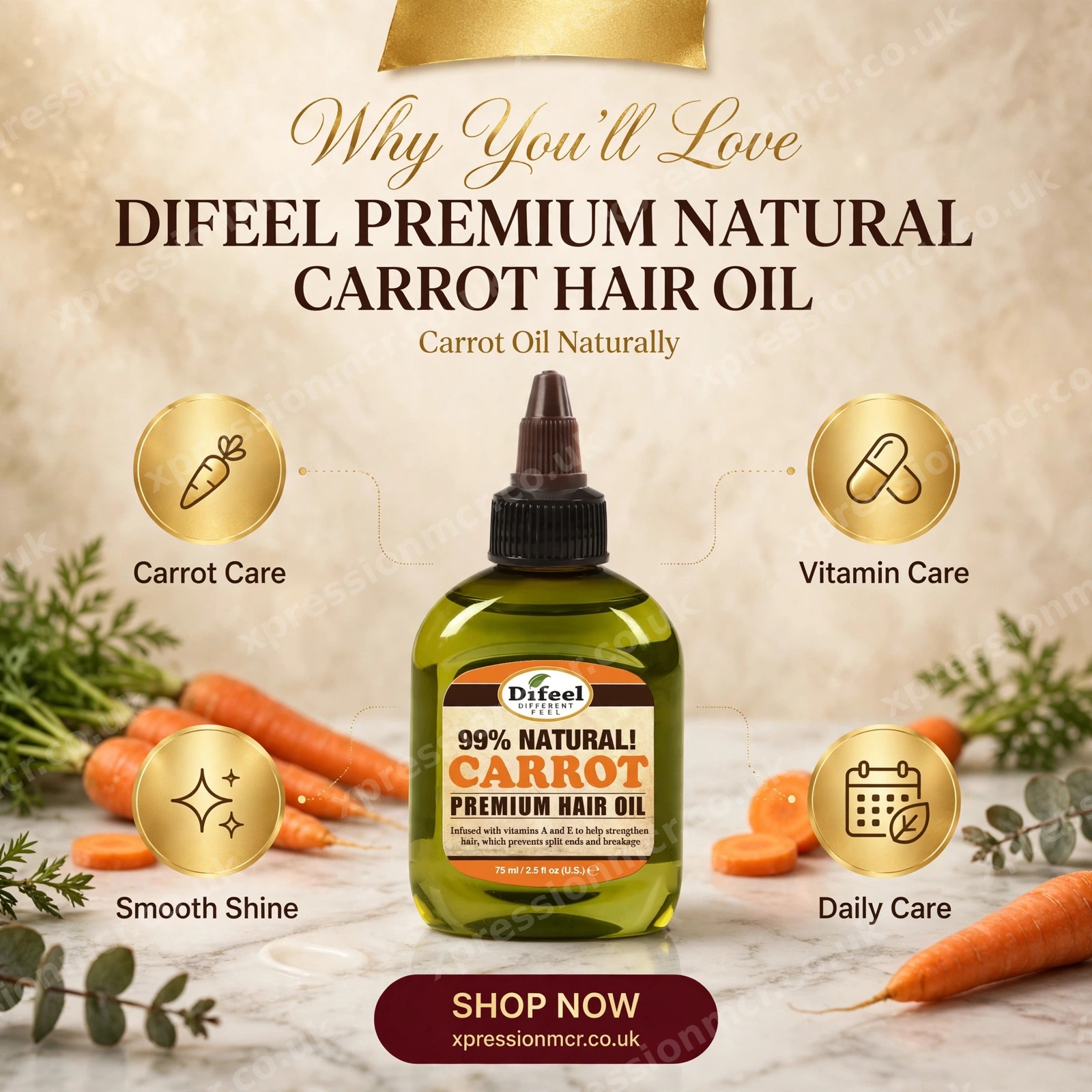 Difeel Premium Natural Hair Oil Carrot Oil With Vitamins A&E 2.5Oz