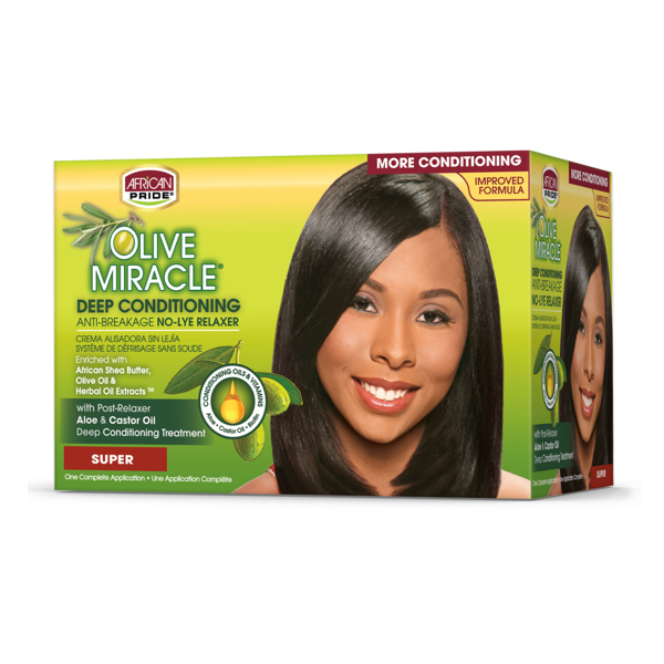 African Pride Olive Miracle Anti-Breakage Formula & Deep Conditioning No-lye Relaxer Kit, Super