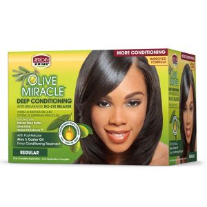 African Pride Olive Miracle Deep Conditioning Anti Breakage No Lye Relaxer Regular Formula-1 Complete Application